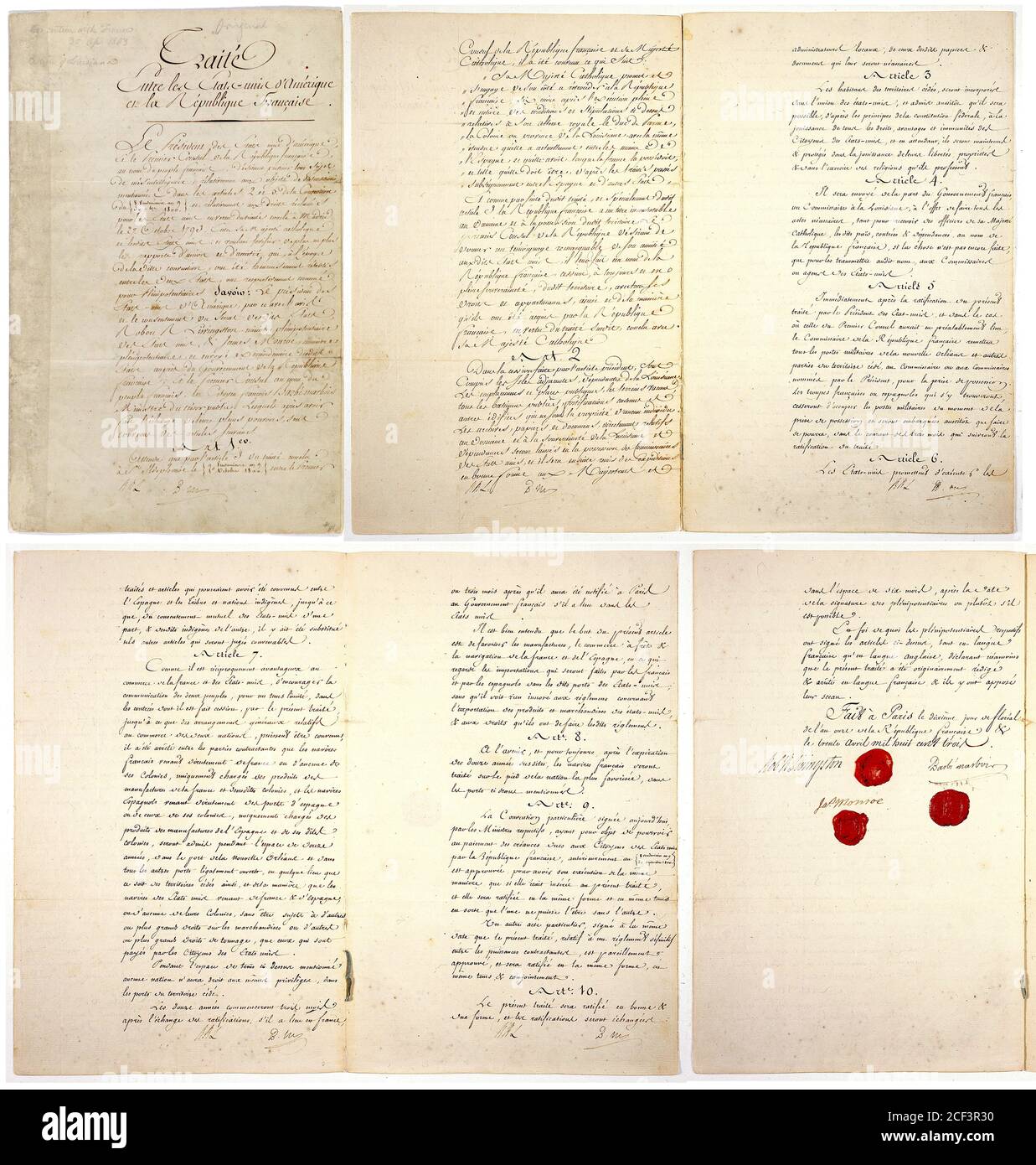 Kauf In Louisiana. Der ursprüngliche Kaufvertrag von Louisiana vom April 1803, unterzeichnet von Präsident James Monroe, François Barbé-Marbois und US-Minister für Frankreich, Robert Livingston Stockfoto