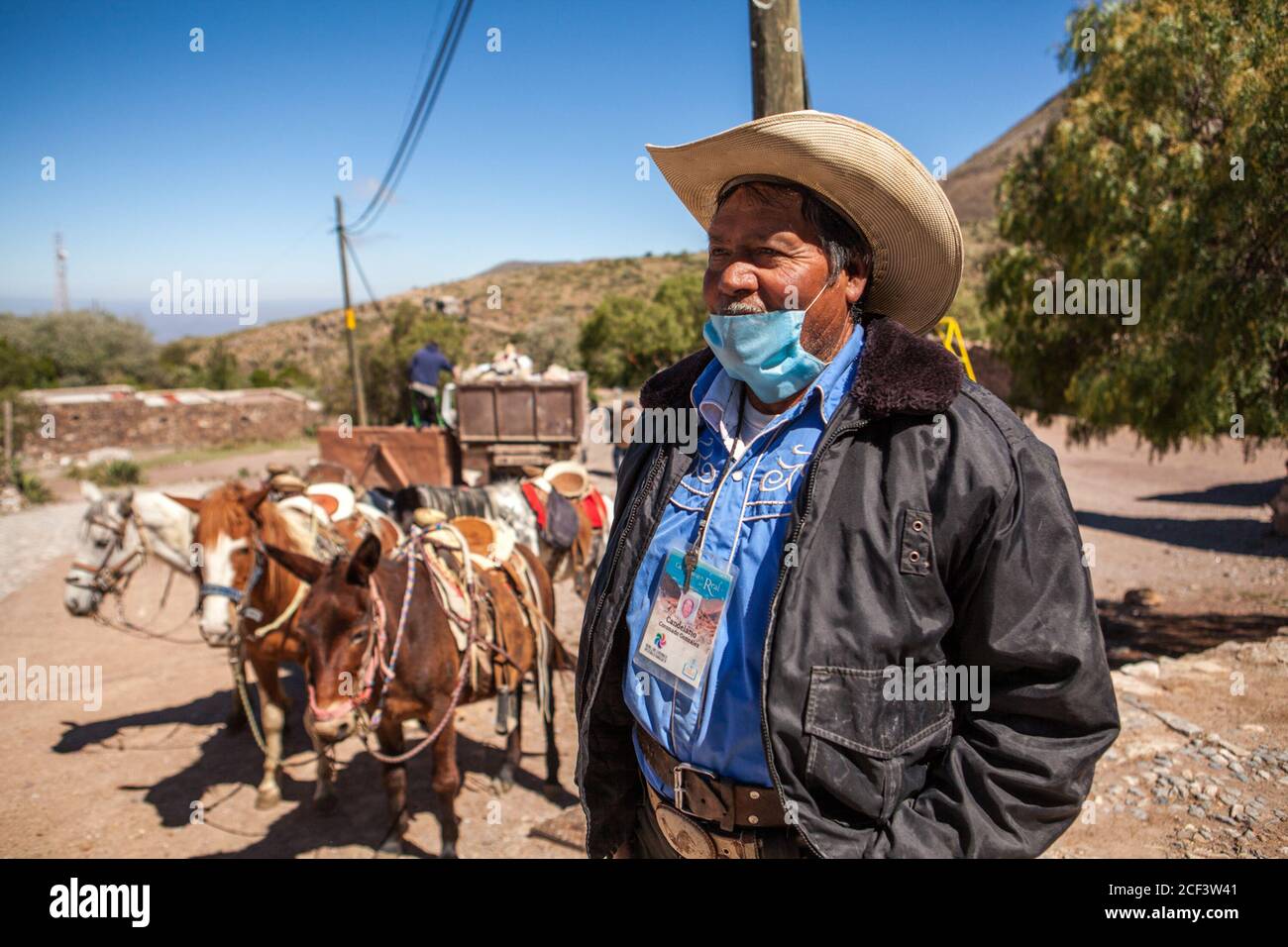 Real De Catorce, Mexiko. Juni 2020. Reittournee-Guide mit Gesichtsmaske als vorbeugende Maßnahme.auch wenn die Anzahl der Besucher nicht mit denen vor der Pandemie Covid-19 vergleichbar ist, hat Real de Catorce im Staat San Luis Potosí langsam begonnen, die Wirtschaft wieder in Gang zu bringen, vor allem dort, wo der Tourismus die Haupteinnahmequelle ist. Kredit: SOPA Images Limited/Alamy Live Nachrichten Stockfoto