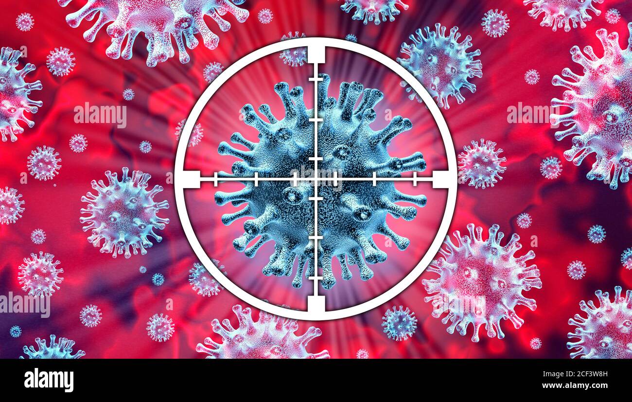 Behandlung von Virusinfektionen und gezielte Behandlung des Coronavirus-Ausbruchs oder der Influenza-Therapie als Impfstoff oder Impfung eines Grippestakts als Pandemie. Stockfoto