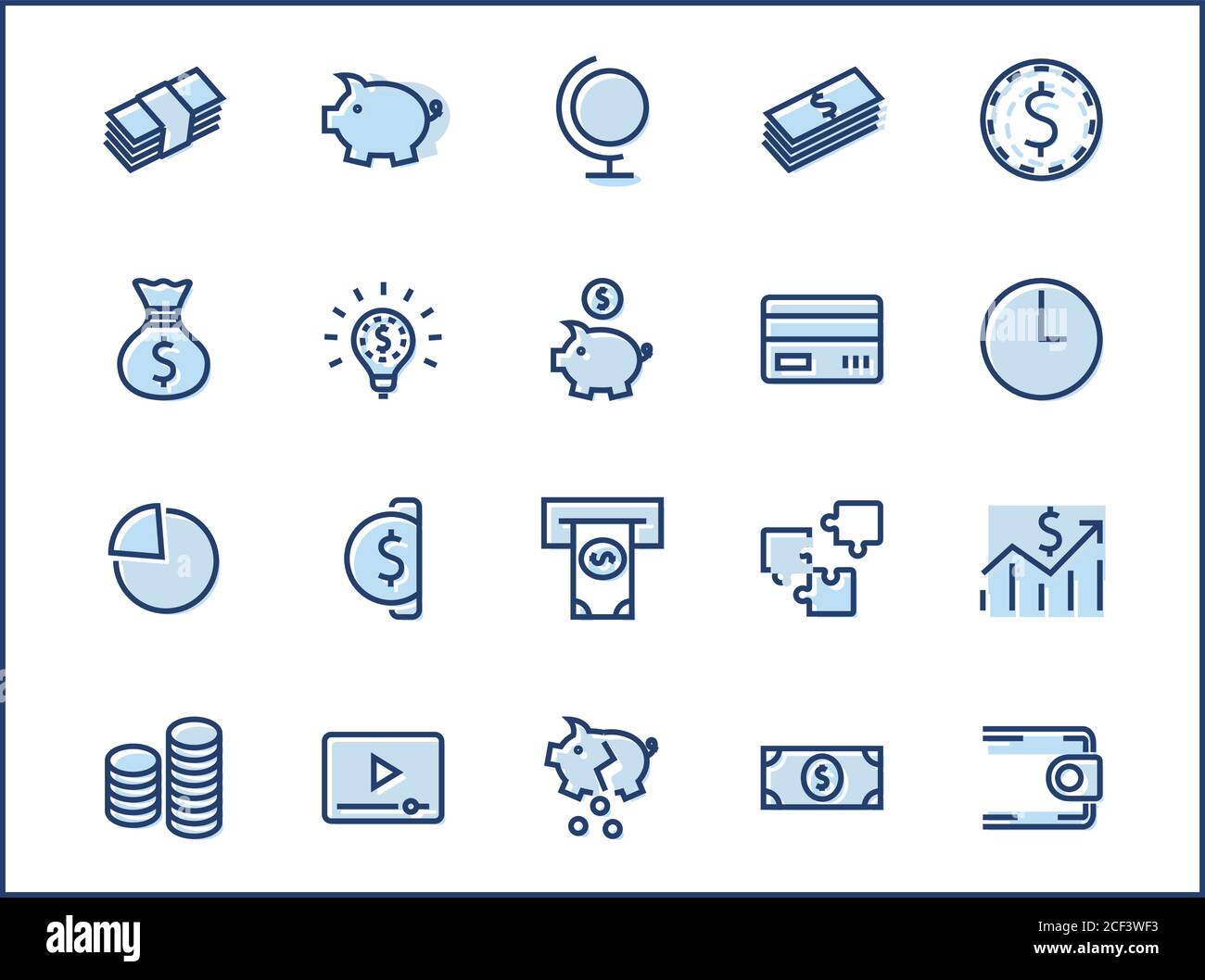 Mit Geld Verbundene Vektor-Liniensymbole. Enthält Symbole wie Geldbeutel, Piggy Bank in Form eines Schweins, Geldbörse, Geldautomaten, Geldpaket, Hand mit einem C Stock Vektor