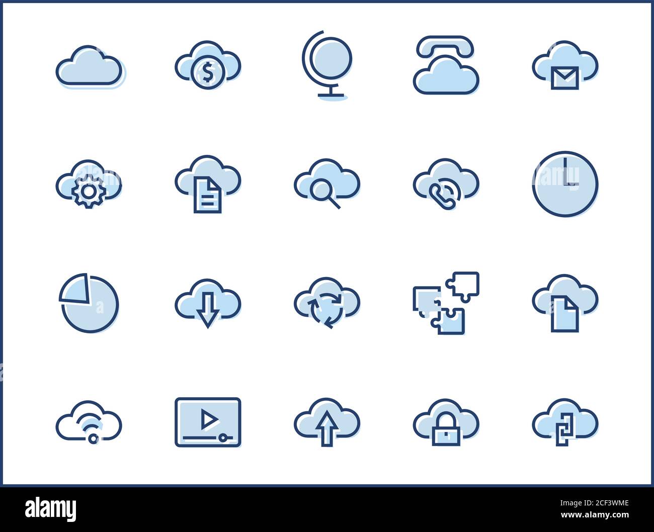 Satz des Symbols für die Wolkenvektorlinie. Es enthält Symbole zum Hochladen, Herunterladen, Verknüpfen und mehr. Bearbeitbare Kontur. 32 x 32 Pixel. Stock Vektor