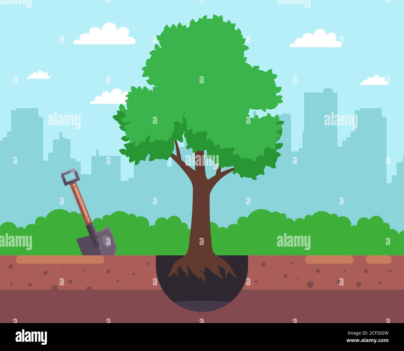 Grabe ein Loch mit einer Schaufel und Pflanze einen Baum auf dem Hintergrund der Stadt. Flache Vektorgrafik Stock Vektor