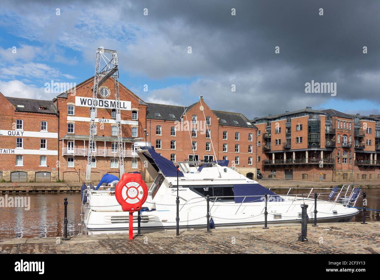 Bootsanlegestelle in Woodsmill Quay am Fluss Ouse, York, North Yorkshire, England, Vereinigtes Königreich Stockfoto