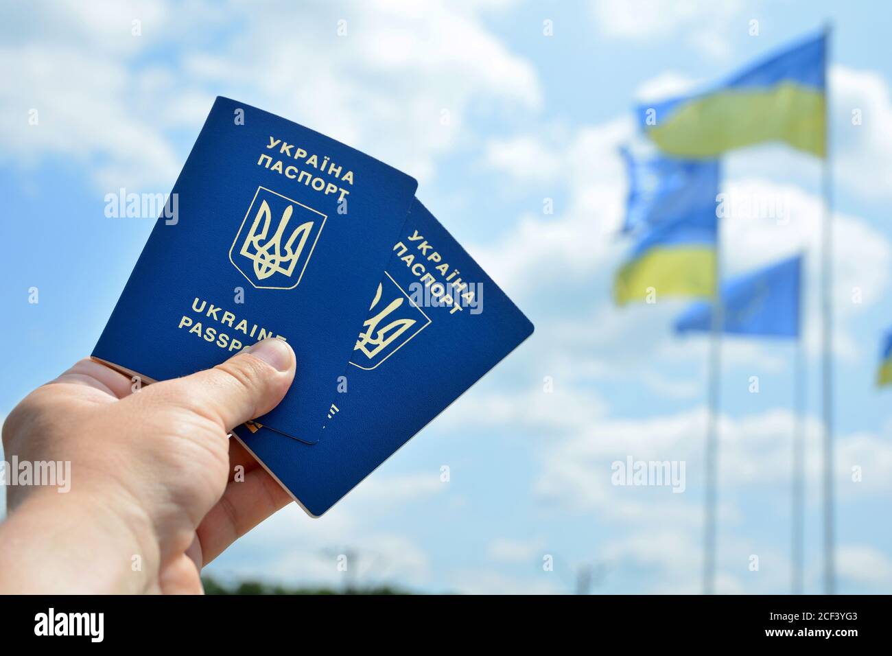 Neuer ukrainischer blauer biometrischer Pass mit Identifikations-Chip auf gegen blauen Himmel und winkende Flagge Hintergrund. Stockfoto