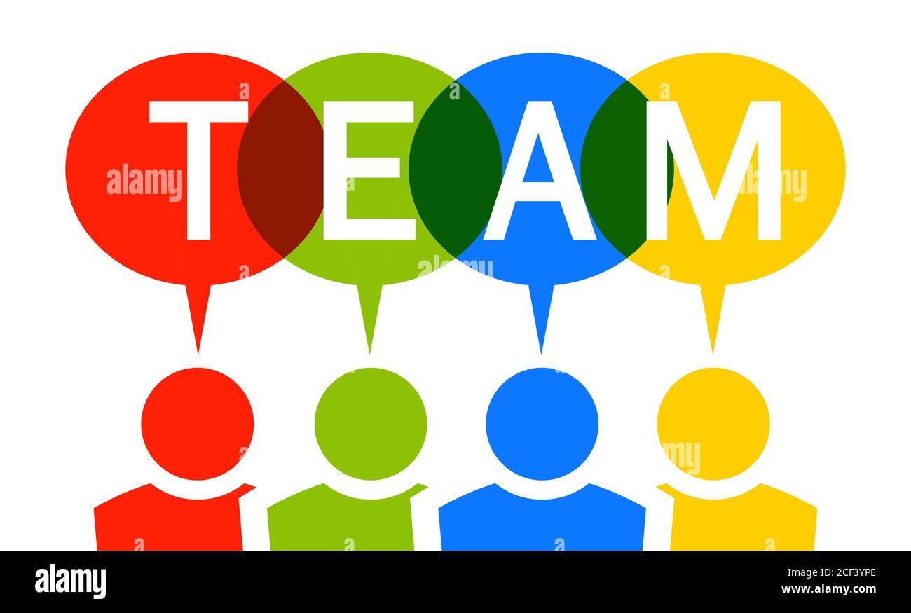 EPS-Vektordarstellung von vier verschiedenen farbigen Teammitgliedern mit Sprache bläht über ihren Kopf und Text Teamarbeit Stock Vektor