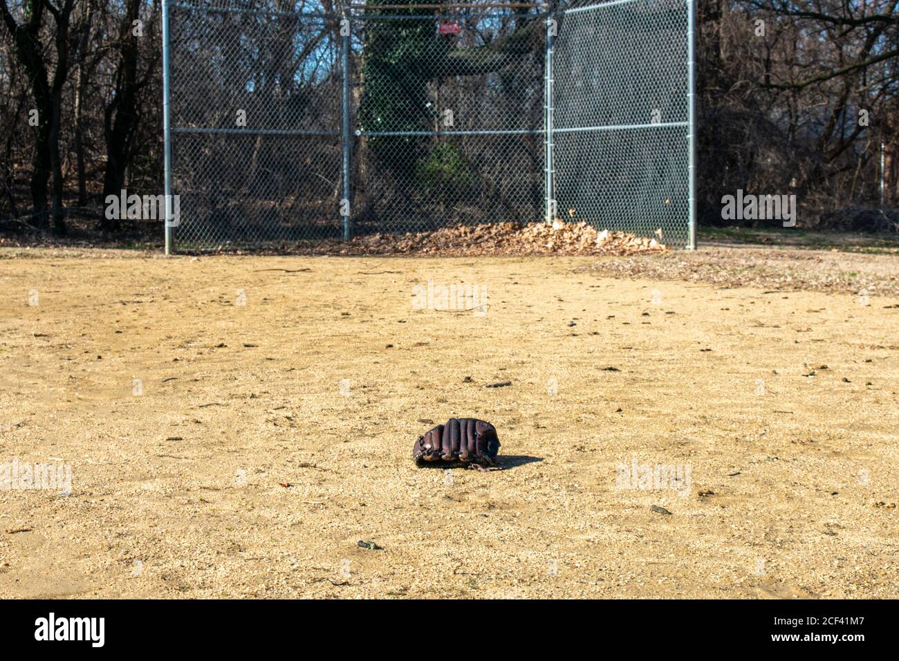 Ein vergessener Baseballhandschuh auf einem Sand-Baseballfeld Stockfoto