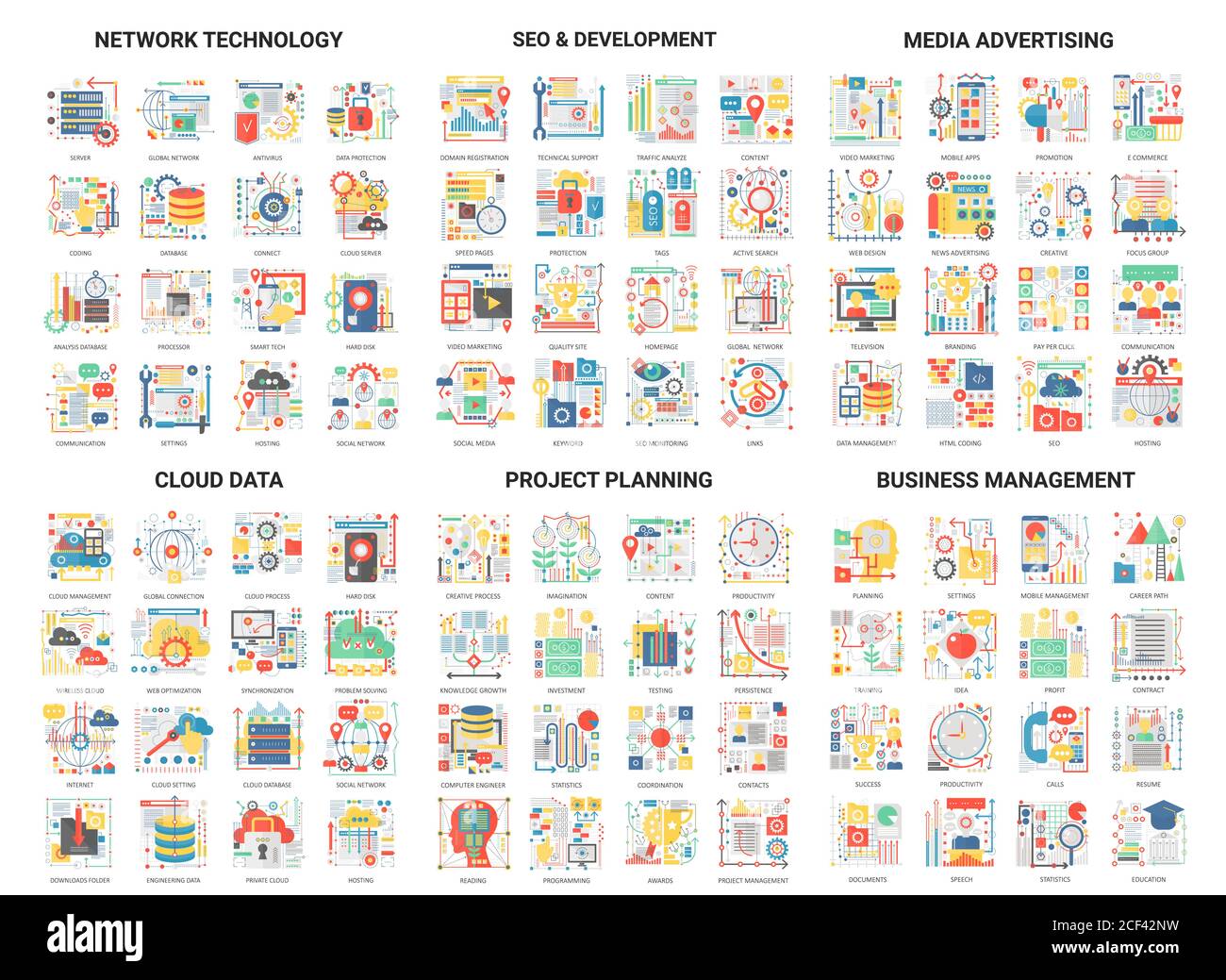 Komplexes Konzept flache abstrakte Vektor-Icons Set mit Science Network Technologie für SEO oder Social Media Werbung, Cloud-Datenentwicklung und Business-Projektplanung skizzieren moderne Symbole Stock Vektor