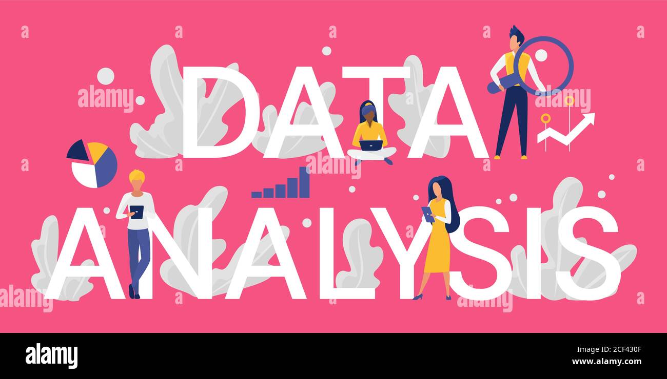 Datenanalyse Wort Konzept Vektor Illustration. Cartoon flach winzigen Business-Analyst oder Kundenfiguren arbeiten mit Laptop und Tablet, Analyse von Datenbankinformationen, stehen neben großen Buchstaben Stock Vektor