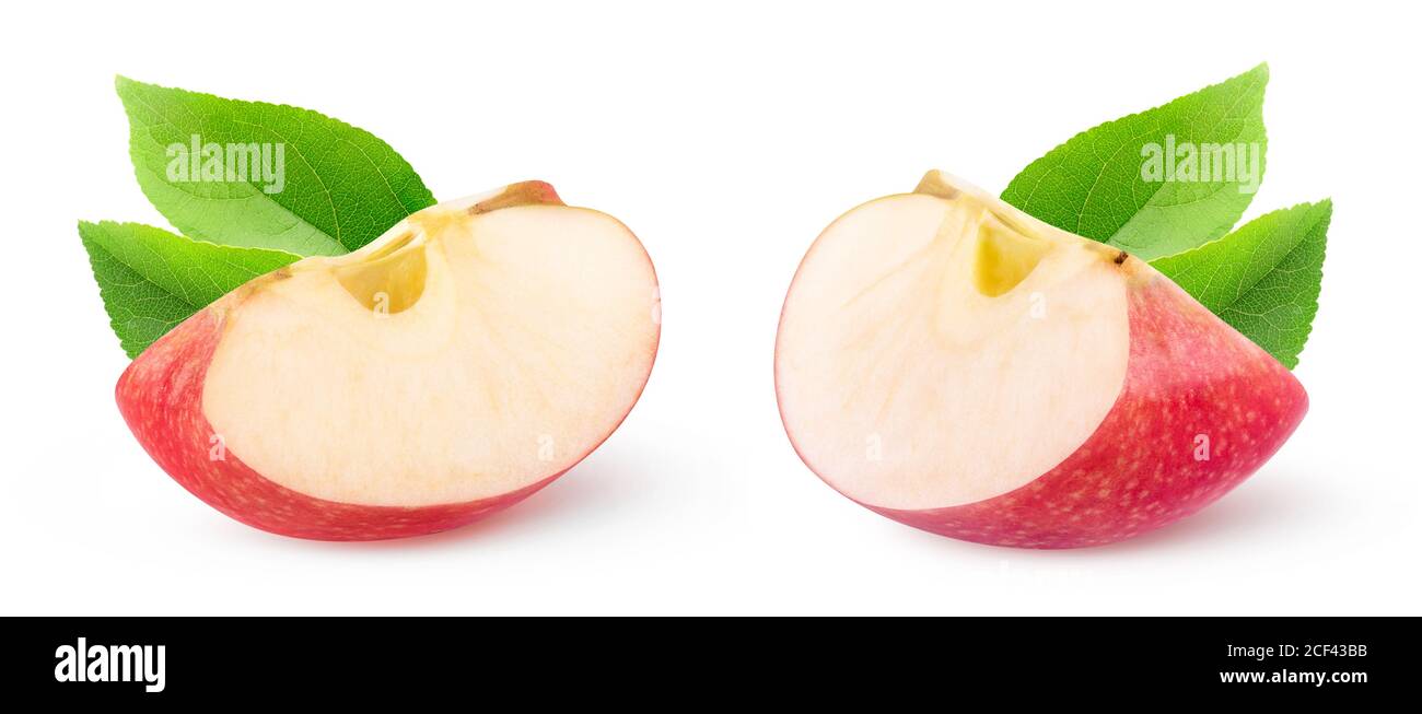 Isolierte Apfelkeile. Zwei Bilder von roten Apfel Scheibe isoliert auf weißem Hintergrund Stockfoto