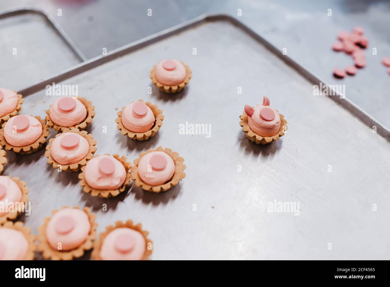 Kleine Desserts mit Schweinenohren und Schnauze auf Metall platziert Tablett in der Bäckerei Stockfoto