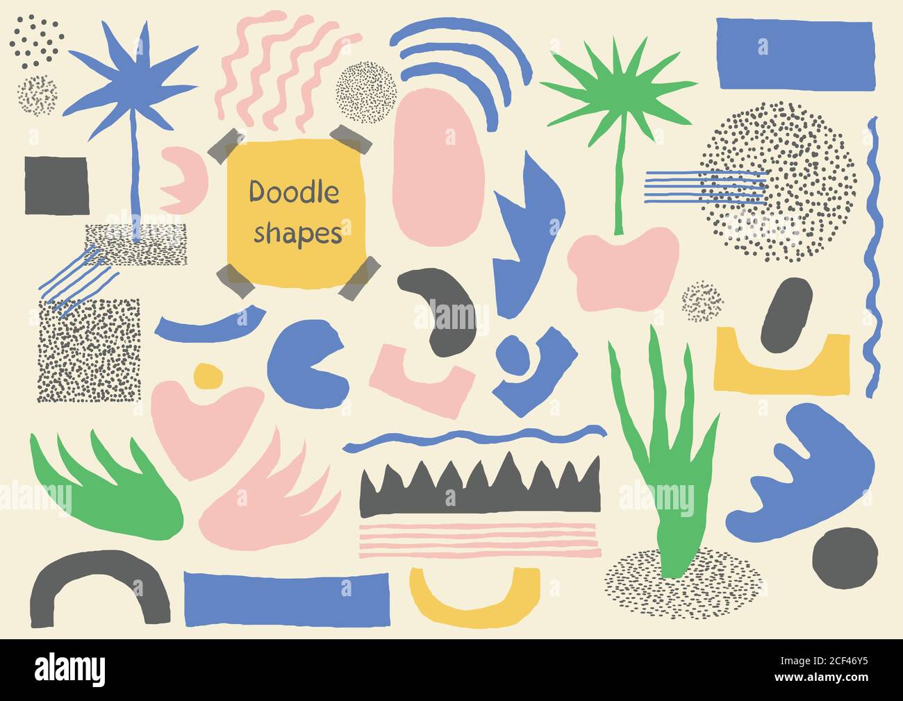 Großer Satz von Hand gezeichnet verschiedenen bunten Formen und Doodle-Objekte. Abstrakt modern modern trendy Vektor Illustration. Flaches abstraktes Dessin. Kont Stock Vektor