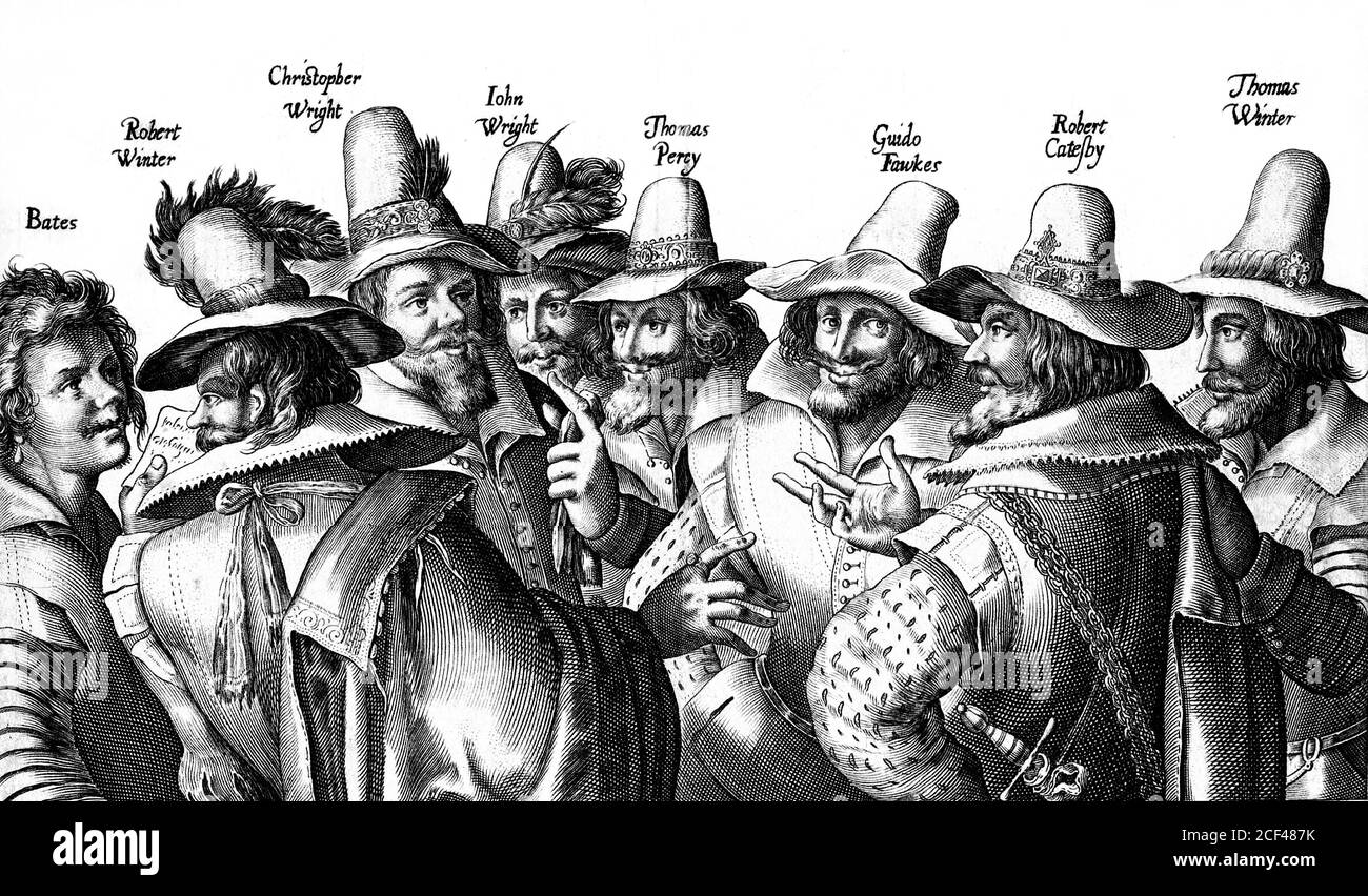Guy Fawkes und der Gunpowder Plot. Eine Radierung, um 1606, die alle Verschwörer in der Verschwörung zeigt, um das englische parlament in die Luft zu sprengen. Stockfoto