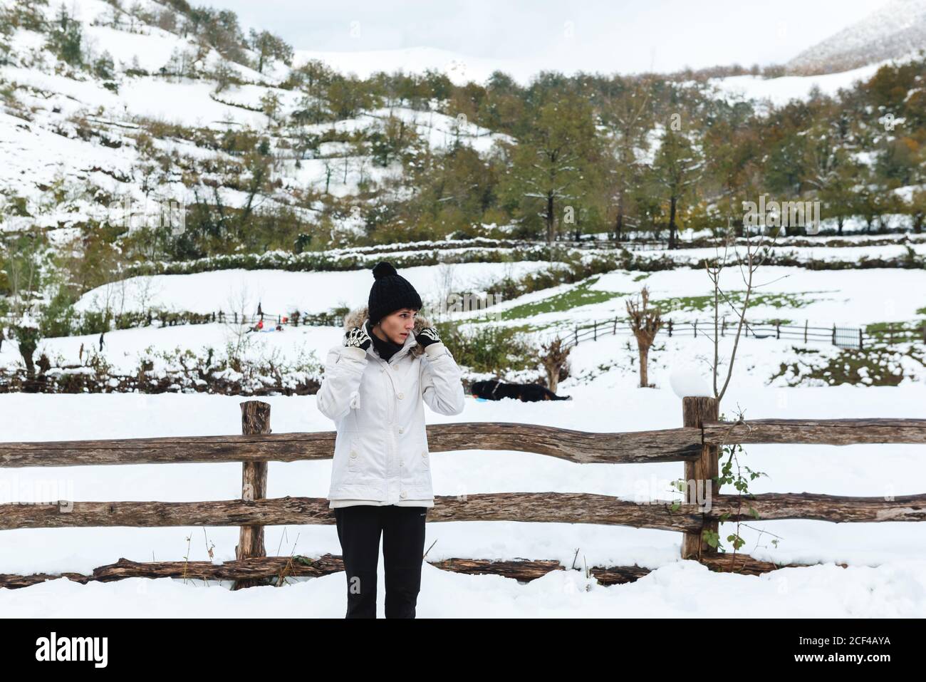 Frau in der Winterkleidung wegschauen Schleifen in der Nähe von Holzzaun Auf schneebedeckter Landschaft Stockfoto