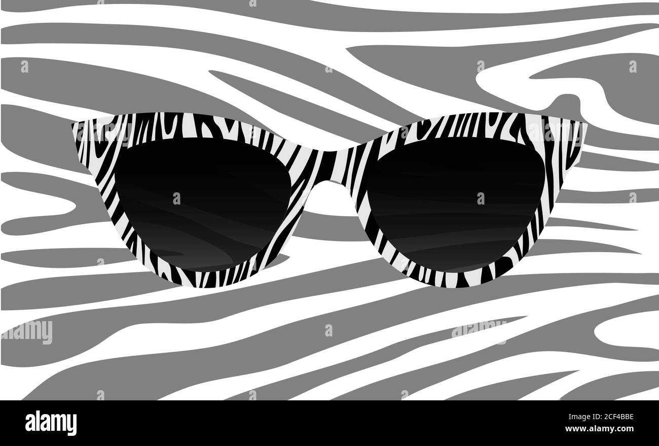 Modische Zebra-Brille. Accessoire Kunst Kollektion cooles Design. Damensonnenbrille, Damenaccessoires. Zebra-Hintergrund, Vektorgrafik. Stock Vektor