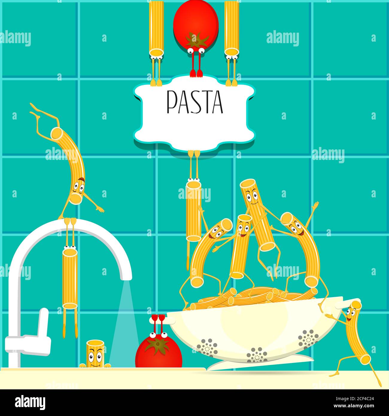 Lustige Pasta und Tomaten in einer Schüssel. Vektorgrafik. Stock Vektor