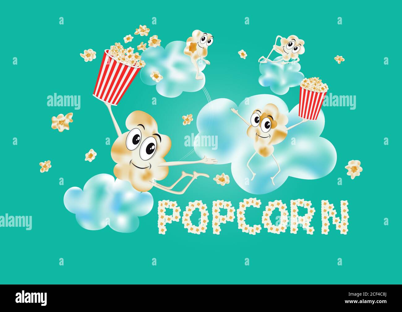 Popcorn auf den Wolken. Luftiges Popcorn. Cartoon glücklich niedlichen Popcorn Charakter für Fastfood-Design. Vektorgrafik. Stock Vektor