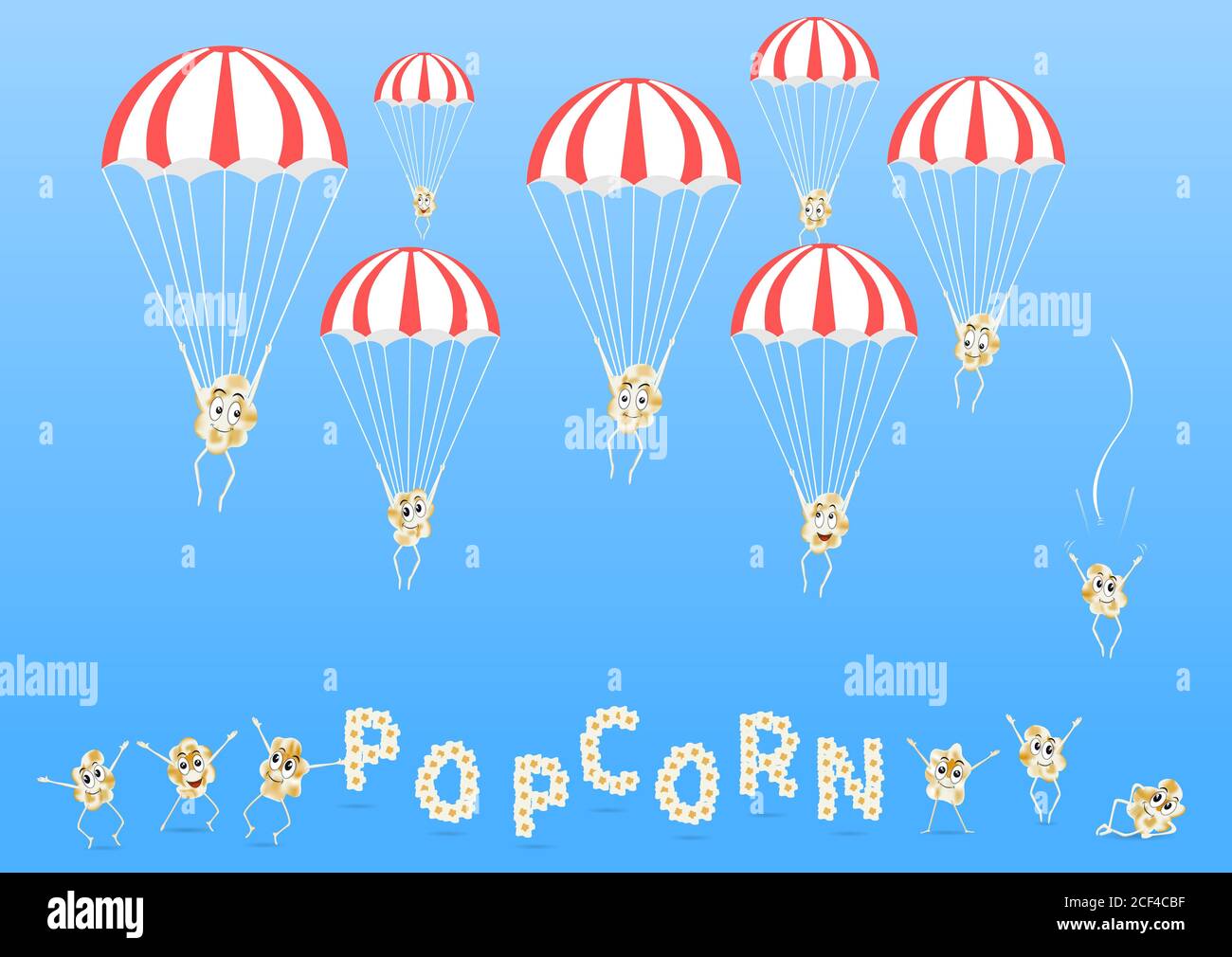 Popcorn in der Luft. Cartoon glücklich niedlichen Popcorn-Figuren für Fastfood-Design. Vektorgrafik. Stock Vektor