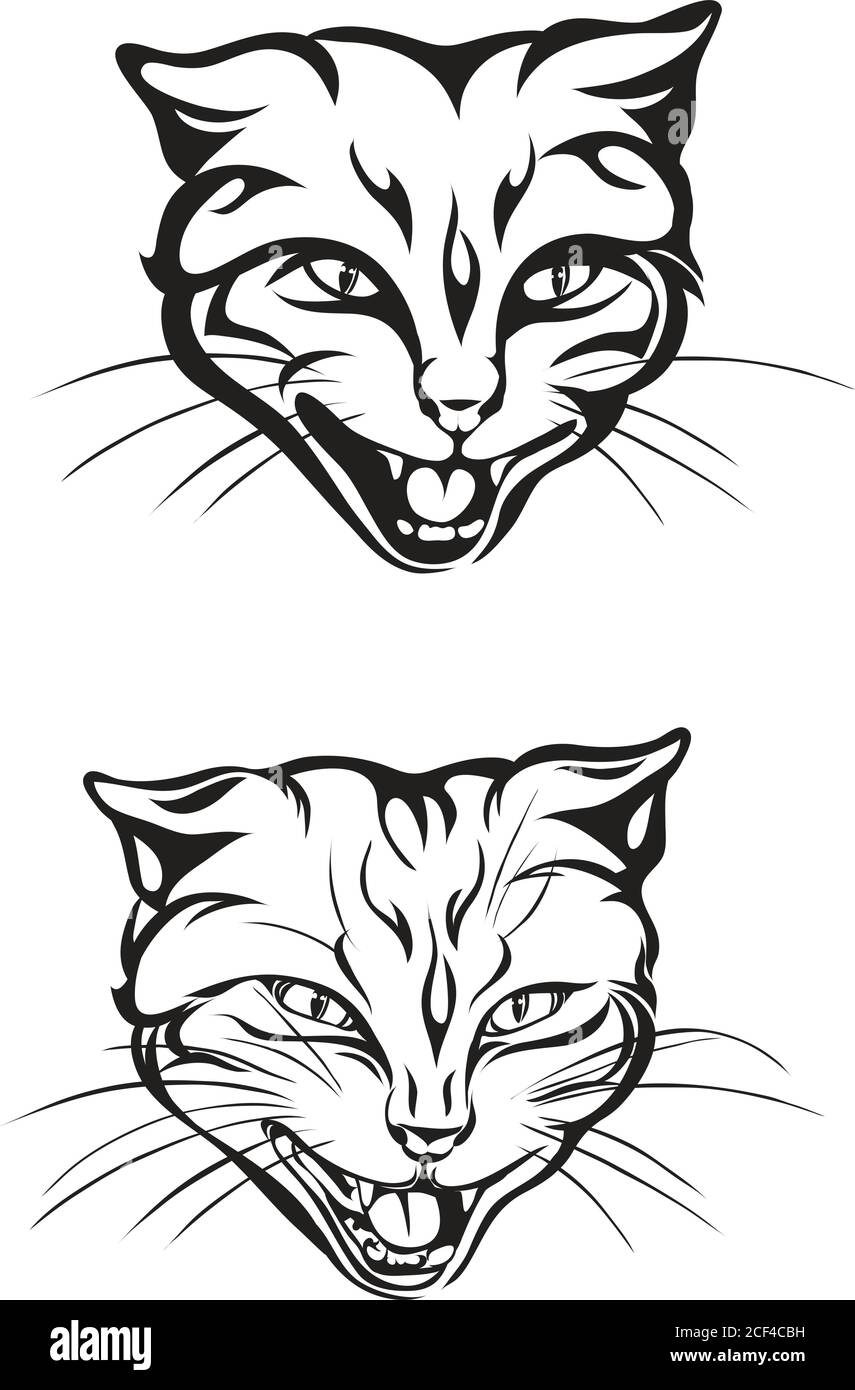 Katze, Kopf, Grinsen, Zähne, Schnauze, Vektor, Illustration, Satz, weiß, schwarz, isoliert, einfach, Symbol, Kunst, Symbol, Grafik, Zeichnung, Echtzeit Stock Vektor