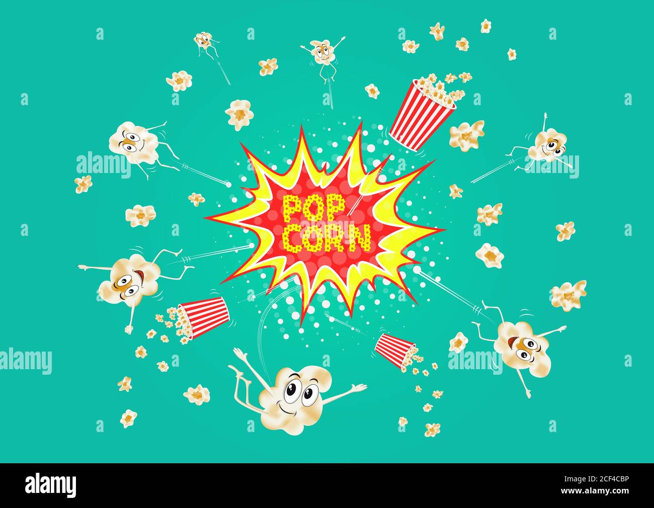 Explodierende Popcorn. Cartoon glücklich niedlichen Popcorn Charakter für Fastfood-Design. Vektorgrafik Popcorn. Stock Vektor