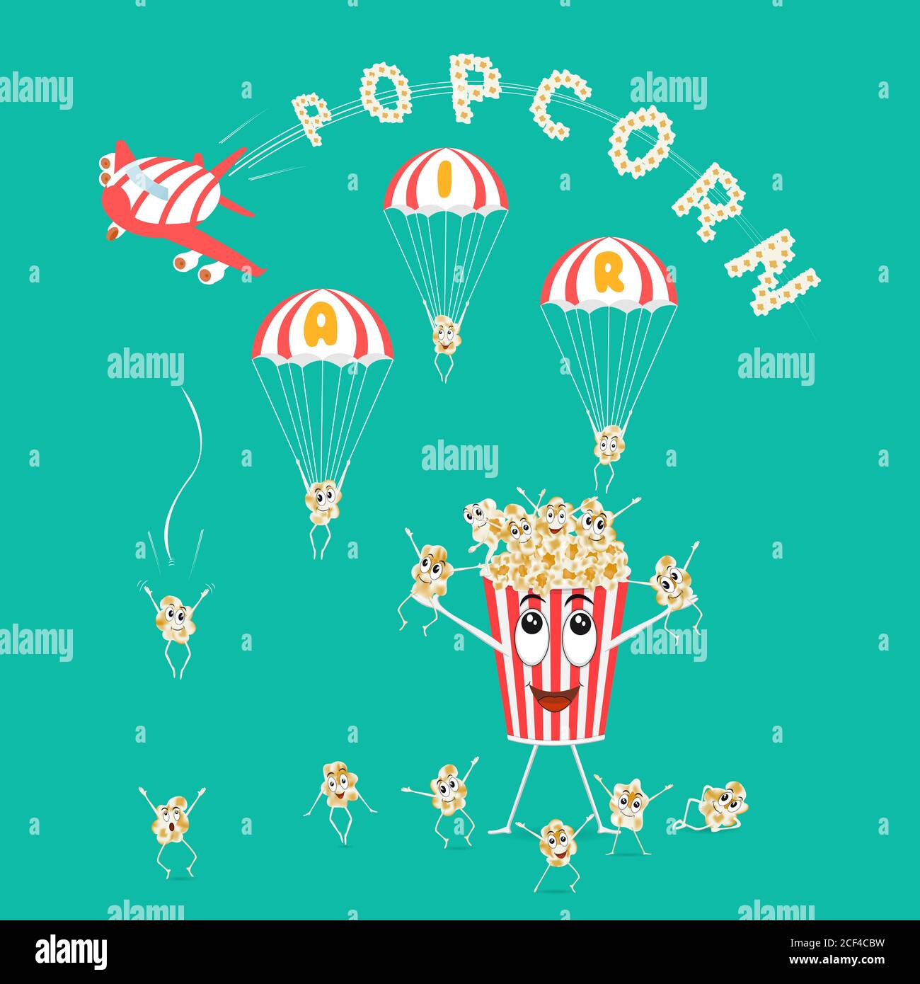 Popcorn in der Luft. Cartoon glücklich niedlichen Popcorn-Figuren für Fastfood-Design. Vektorgrafik. Stock Vektor