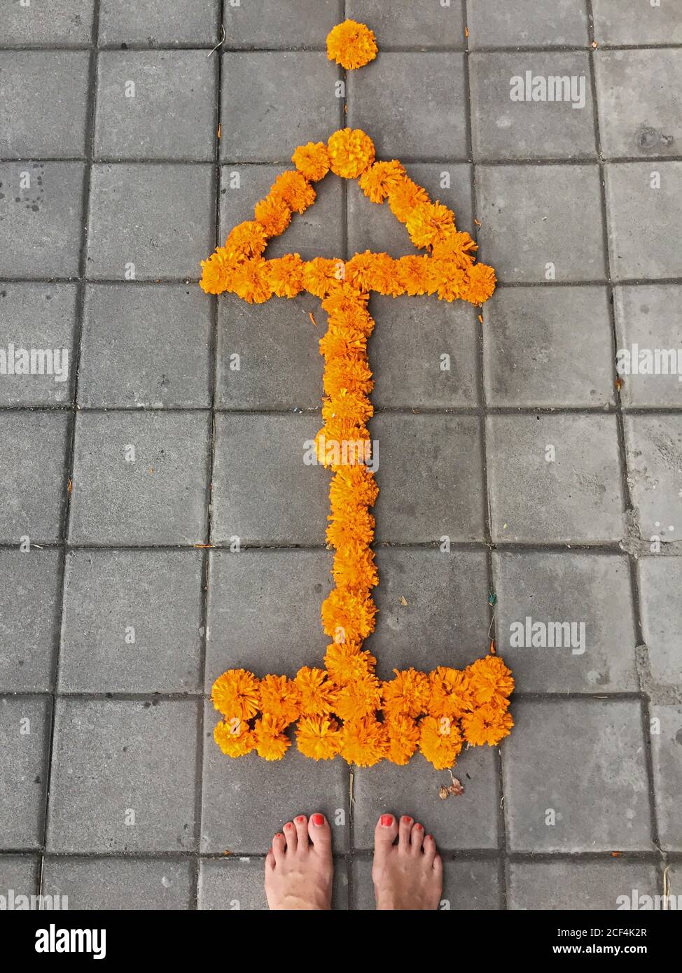 Füße einer Frau, die vor einem Pfeilschild aus Ringelblumen in Bali, Indonesien, steht Stockfoto