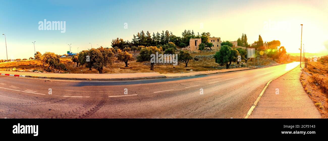 Eine leere Straße mit Bäumen an der Seite des Straße Stockfoto