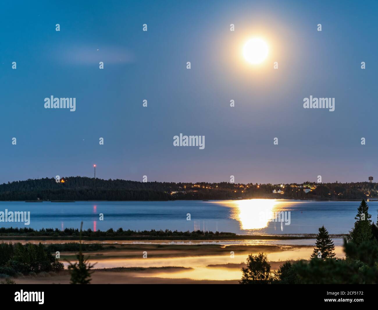 Aufsteigender, goldener Mond über dem Umea-Flussdelta, Sommernacht mit klarem Himmel und winzigem weißen Nebel über Wasser und Küstenlinie. Kiefernwald. Zwischen U Stockfoto