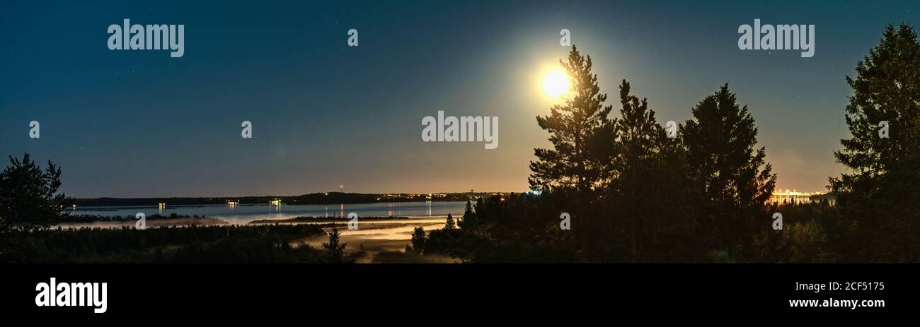 Panorama des vollen goldenen Mondes in der Nähe von Pinien, Spätsommernacht mit klarem Himmel und winzigem weißen Nebel über Wasser und Küste. Scandianvian Wald Stockfoto