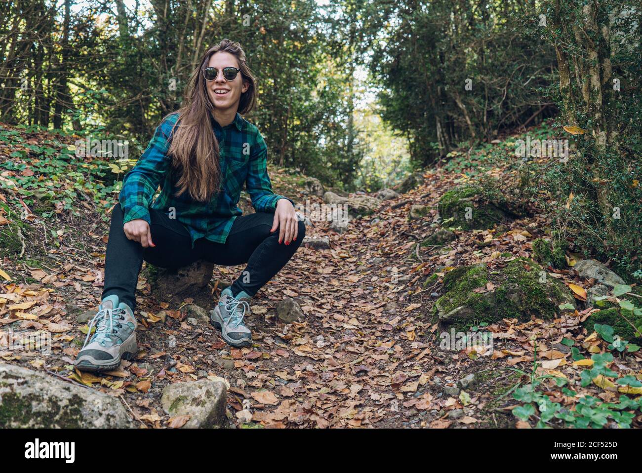 Langhaarige weibliche Hipster in stilvollen lässigen karierten Shirt Sneakers Und trendige Sonnenbrille sitzt auf kleinen Stub auf verspankelt Laubweg zwischen grünen Bäumen Stockfoto