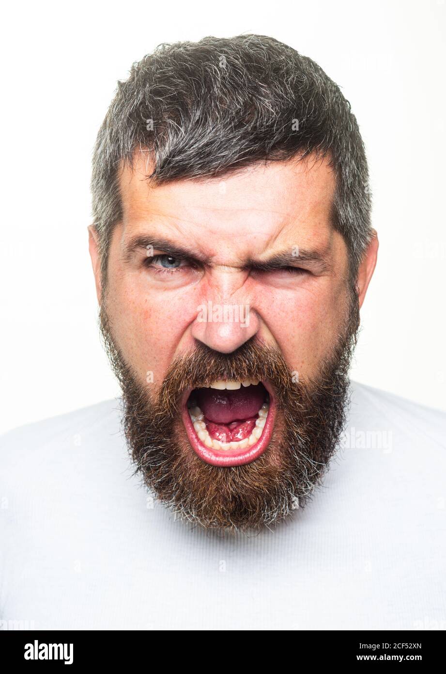 Angry Barber mit langem Bart und Schnurrbart im Barbershop. Bärtig verärgerten wütenden Mann. Scream stressigen Gesichtsausdruck. Stockfoto