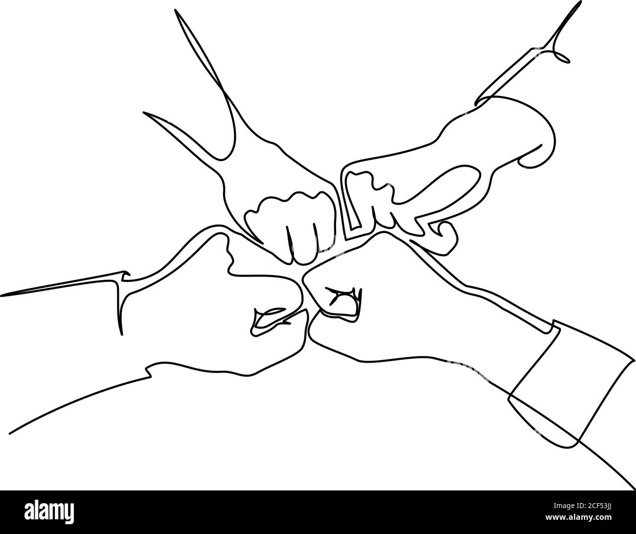 Hände von Freunden Team stoßen Fäuste zusammen. Fortlaufende eine-Linie-Zeichnung. Abbildung schwarz isoliert auf weißem Hintergrund. Stock Vektor