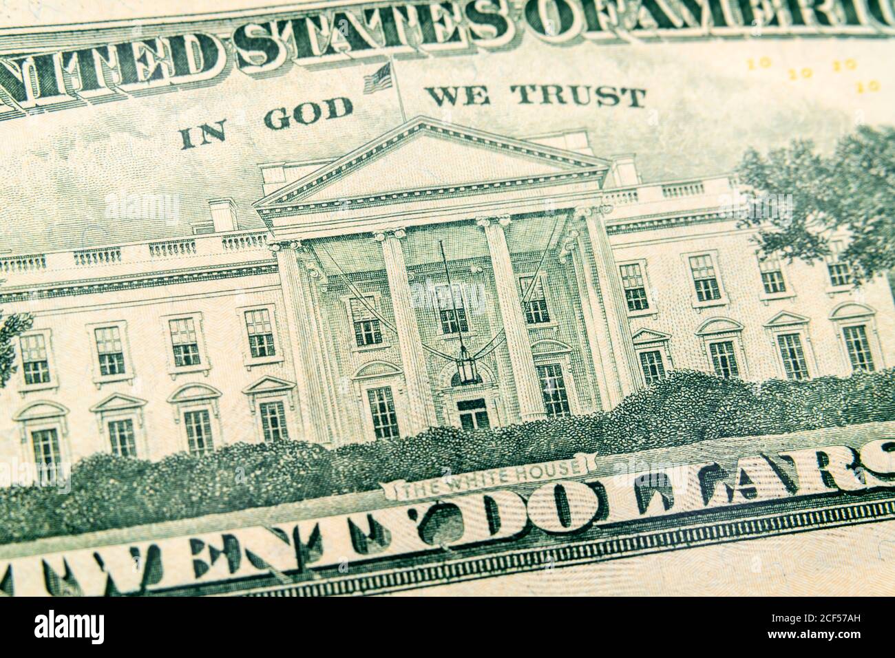 Makroansicht des Weißen Hauses auf der Rückseite der 20-Dollar-Rechnung. Stockfoto