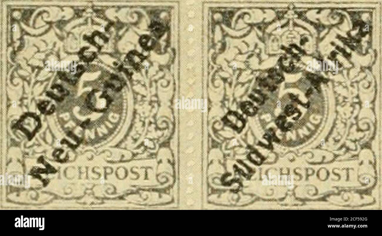 . The postwertsceiche and enstunded of the deutsche poststanstalten in the Protection and in the auslande. Jeden proben are ahrscheinly 1896 vor der Schaffunung der zweiten Ausgabe von Deutsch-Ostafrikahergestellt worden. Es wurden dann ferner etwa Anfang des Jahres 1897 Proben produziert,zu einer Markenausgabe für Neuguinea, Südwestafrika, Marshall-Inseln, Kamerun, Togo, damalsdie einzigen deutschen Schutzgebiete, für welche noch besondere Postwertzeichen zu schaffen waren. This probedruckes are hergestellt worden in Reihen von 5 verschiedenen Werten in derAnordung wie die Abbildung zeig Stockfoto
