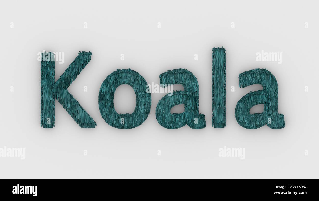 Koala - 3d Wort azurblau auf weißem Hintergrund. Render von pelzigen Buchstaben. Australien Tier, australian Notfall, Hilfe Feuer Emblem Design-Vorlage. Veterina Stockfoto