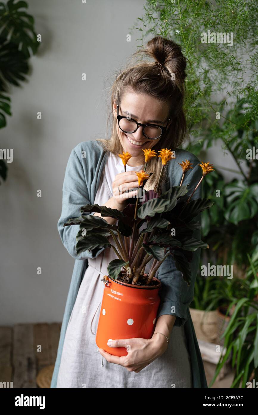 Junge lächelnde Frau Gärtnerin in Brillen tragen Leinenkleid, hält eine blühende calathea Pflanze in alten roten Milch kann in ihrem Garten zu Hause stehen Stockfoto