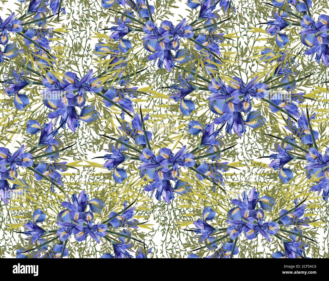 Hintergrund der Iris Blumen mit Laub. Nahtloses Muster. Aquarell Illustration. Stockfoto