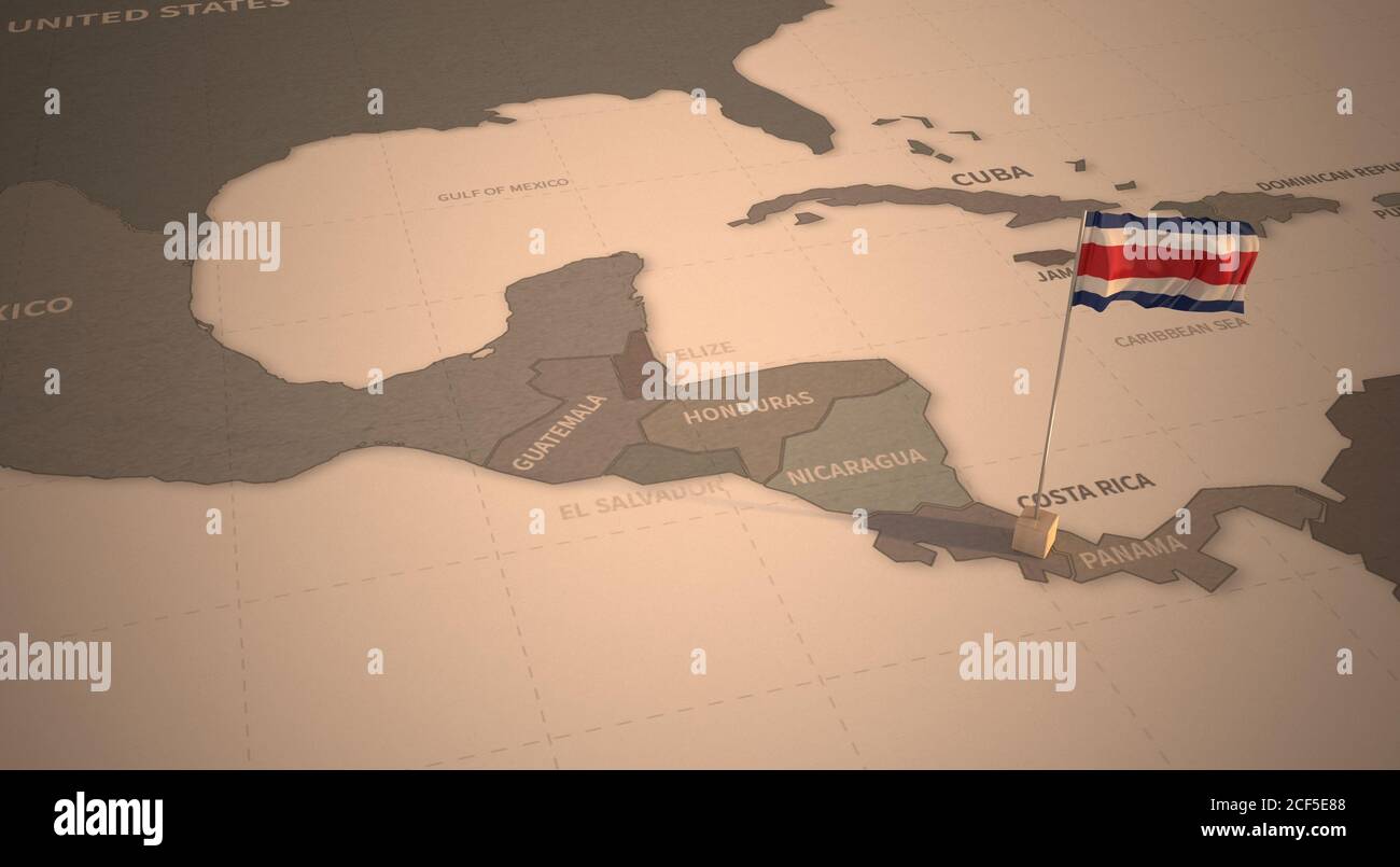 Flagge auf der Karte von Costa Rica. Vintage Karte und Flagge der Länder Mittelamerikas, Karibik Serie 3D Rendering Stockfoto