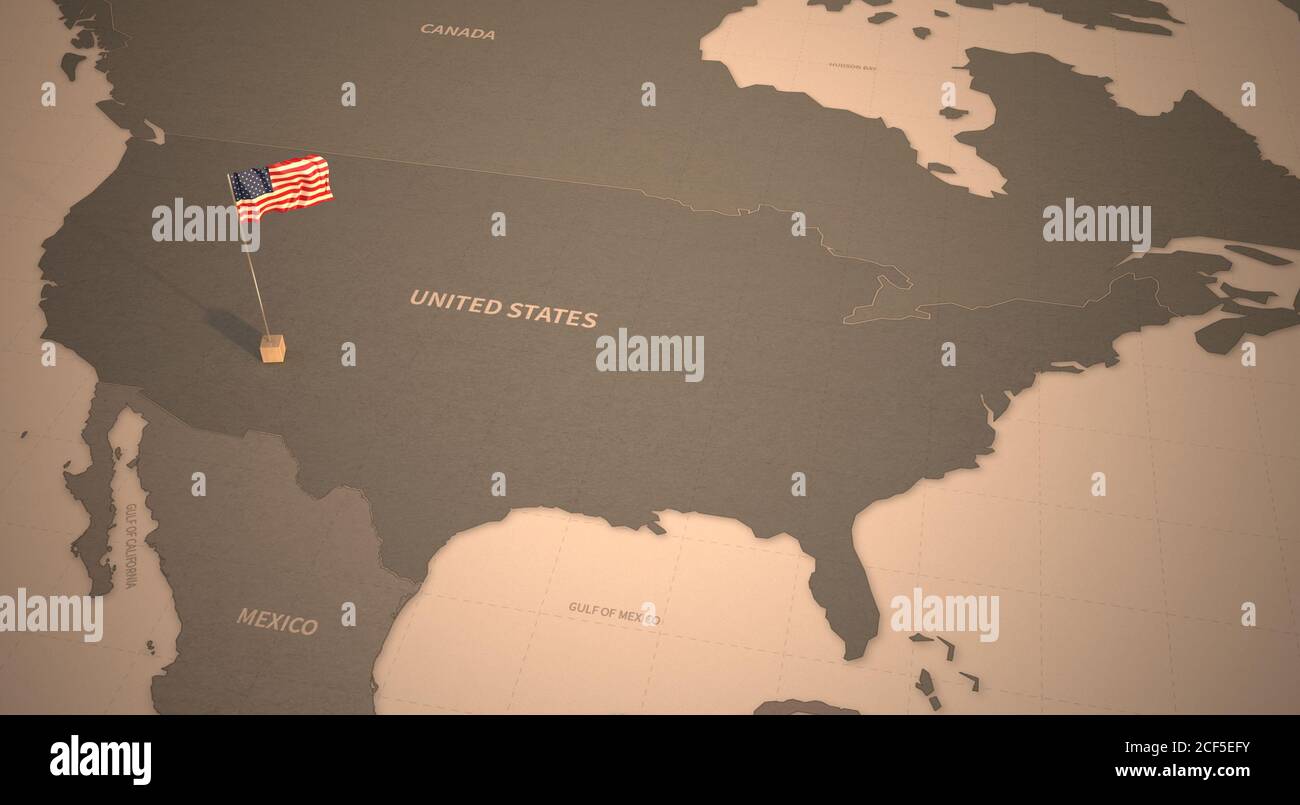 Flagge auf der Karte der Vereinigten Staaten. Vintage Karte und Flagge der nordamerikanischen Länder Serie 3D Rendering Stockfoto