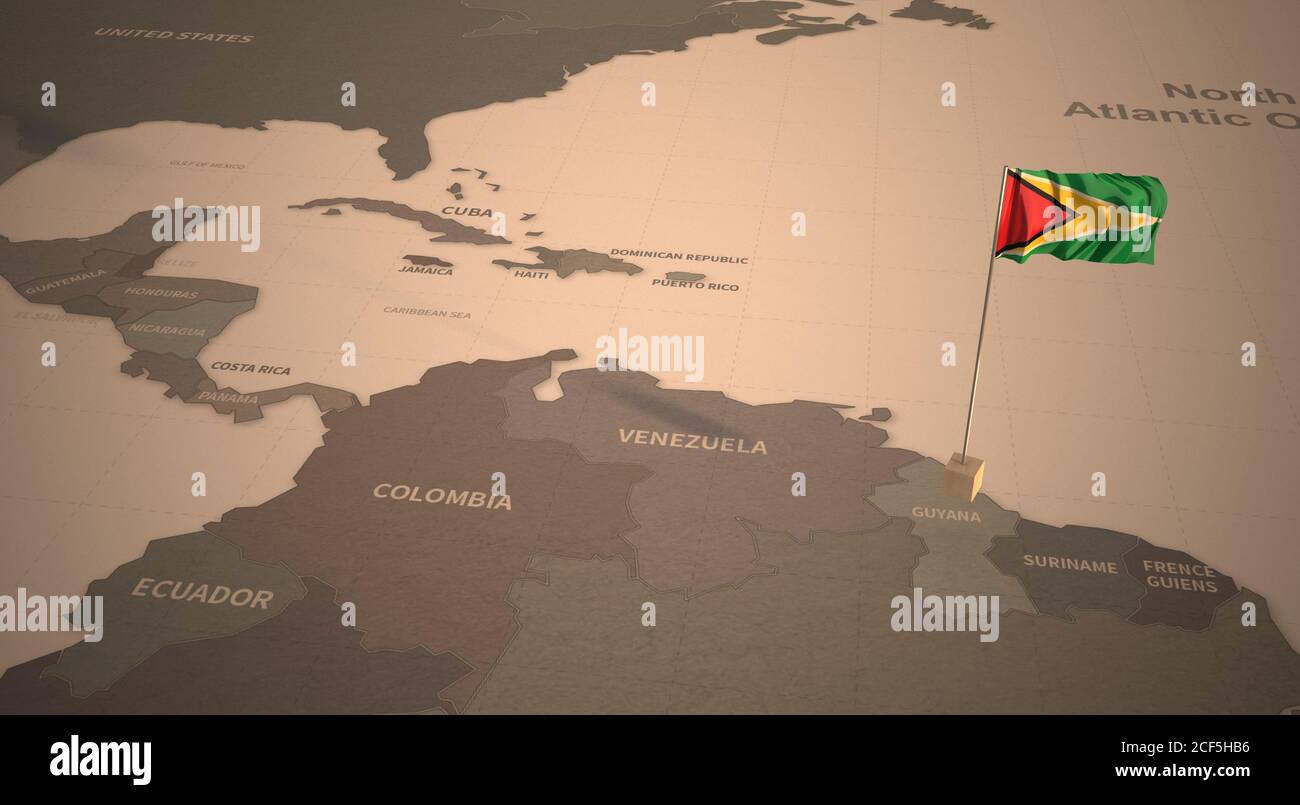 Flagge auf der Karte von Guyana. Vintage Karte und Flagge südamerikanischer Länder Serie 3D Rendering Stockfoto