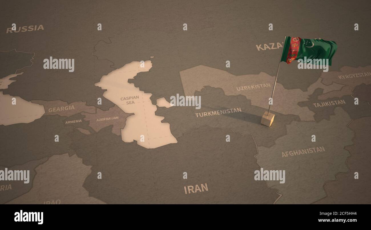 Flagge auf der Karte von Turkmenistan. Vintage Karte und Flagge asiatischer Länder 3D-Rendering Stockfoto