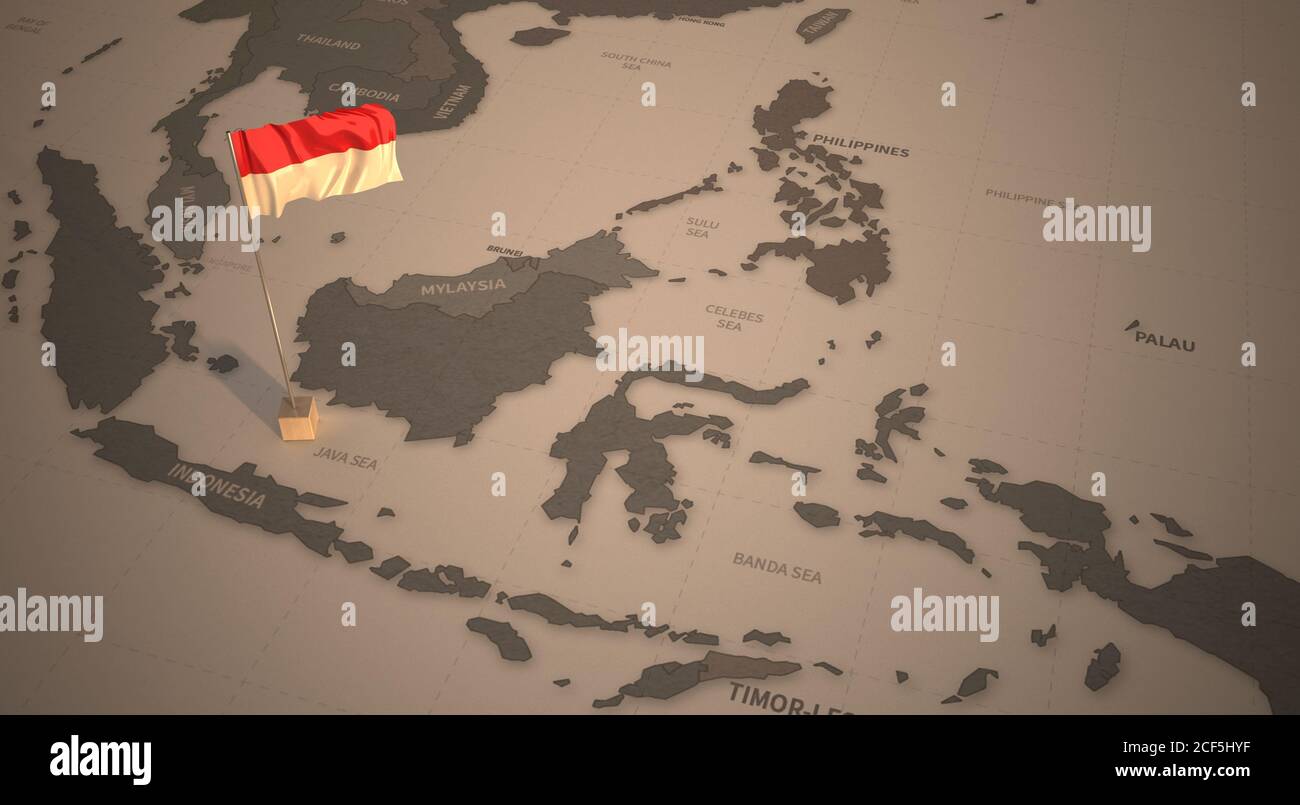 Flagge auf der Karte von Indonesien. Vintage Karte und Flagge asiatischer Länder 3D-Rendering Stockfoto