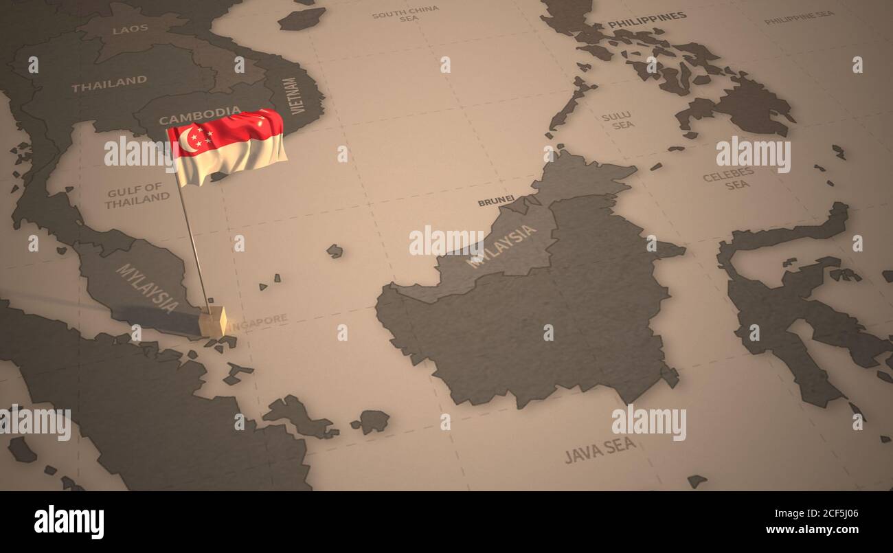 Flagge auf der Karte von Singapur. Vintage Karte und Flagge asiatischer Länder 3D-Rendering Stockfoto