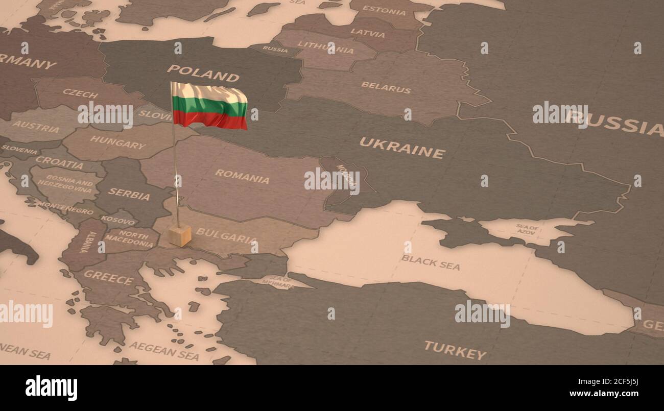 Flagge auf der Karte von Bulgarien. Vintage Karte und Flagge der europäischen Länder 3D-Rendering-Serie Stockfoto