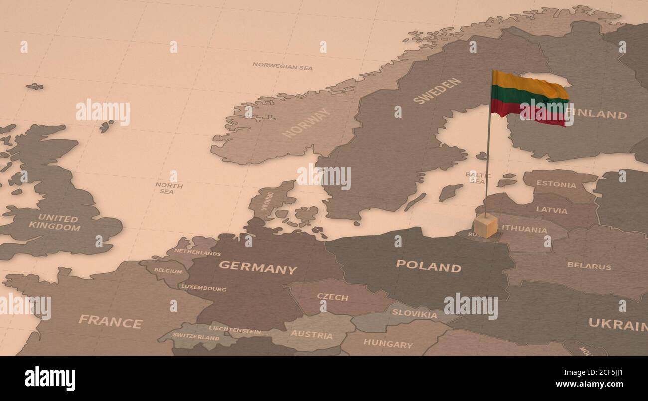 Flagge auf der Karte von Litauen. Vintage Karte und Flagge der europäischen Länder 3D-Rendering-Serie Stockfoto