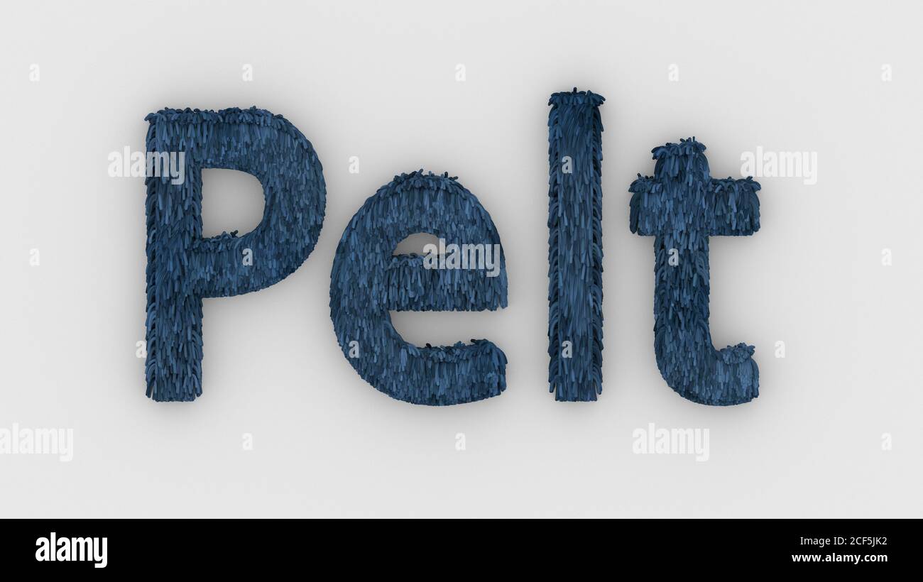 Pelz - blaues Wort 3d isoliert auf weißem Hintergrund realistische Rendering von pelzigen Buchstaben Illustration. Natürliche Kombination Fell. Pelz Pelz. Tierfell. Hund, c Stockfoto