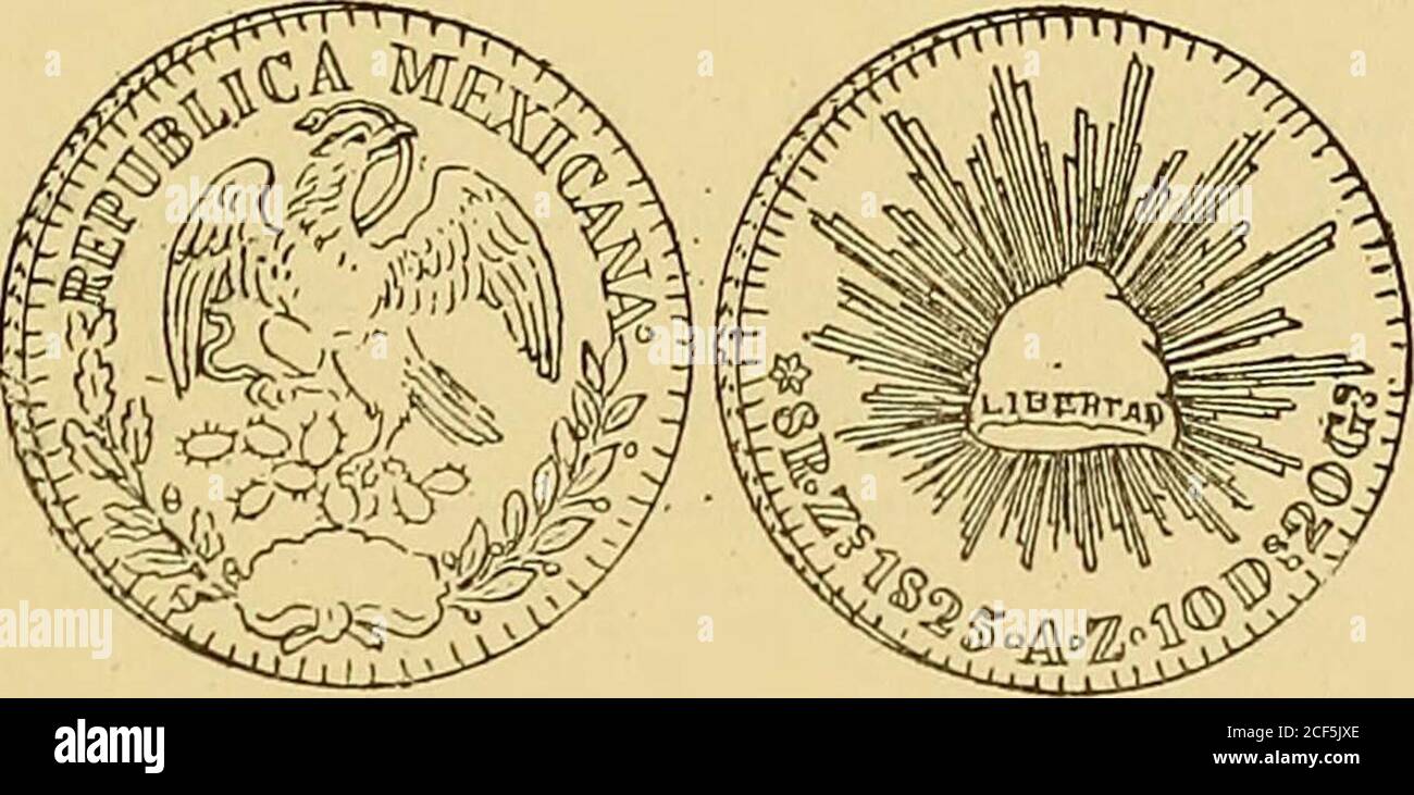 . Monetario americano (ilustrado) clasificado. Nr. 1233 – Anverso Leyenda Augustinus Dei Providentia • jgi •1823* en el campo: Cabeza de Iturbide, á la derecha. Reverso Leyenda • Mex • i • Imperator Constitut •2 R • J • M • en el campo: Águila coronada, con las alasextendidas, descansanto sobre una planta de tunas. Plata: Peso 7 gramos. GOBIERNO REPUBLICANO. Nr. 1234 – Anverso Leyenda República Mexicana. En el campo:Águila parada sobre planta de tuna, teniendo una serpienteen el pico y en la garra derecha; debajo gajos de Lorbeer. Reverso en el campo: Gorro frigio radiado; debajo: • 8R • Zs. (Zacatec Stockfoto