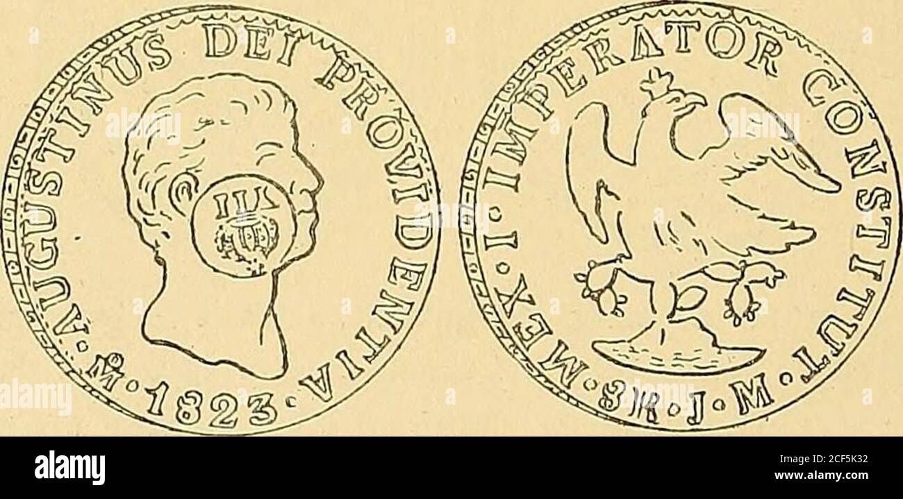 . Monetario americano (ilustrado) clasificado. Nr. 1229 – Anverso Leyenda August « Dei» Prov • ]fi • 1822 • en el campo : Cabeza de Iturbide, á la derecha. Reverso Leyejida Mex «la Imperator « Constituí • 8 • R » J o M • / en el campo: Águila coronada, con las alasextendidas, descansanto sobre una planta de Tunas. Plata: Peso 26 Gramm. 8 decíg. N 1230 – Como la anterior. Plata: Peso 26 Gramm. 8 decíg. N 1231 – Anverso Leyenda Augustinus Dei Providentia * ]^ « 1823» en el campo: Cabeza de Iturbide, á la derecha.Reverso. Como el anterior.Plata: Peso 7.7 gramos.. Nr. 1232 – Como el número anterior, pero sobr Stockfoto