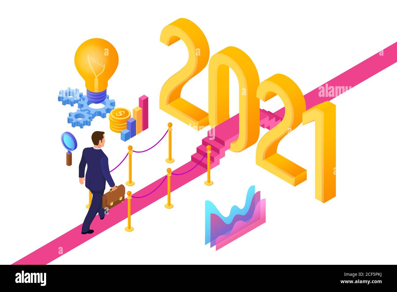 Willkommen 2021. Neujahr. Weg zum neuen Jahr. Geschäftsmann mit Aktentasche in der Hand zu Fuß auf dem roten Teppich zum Neujahr 2021. Kreative Idee. Vektor Stock Vektor