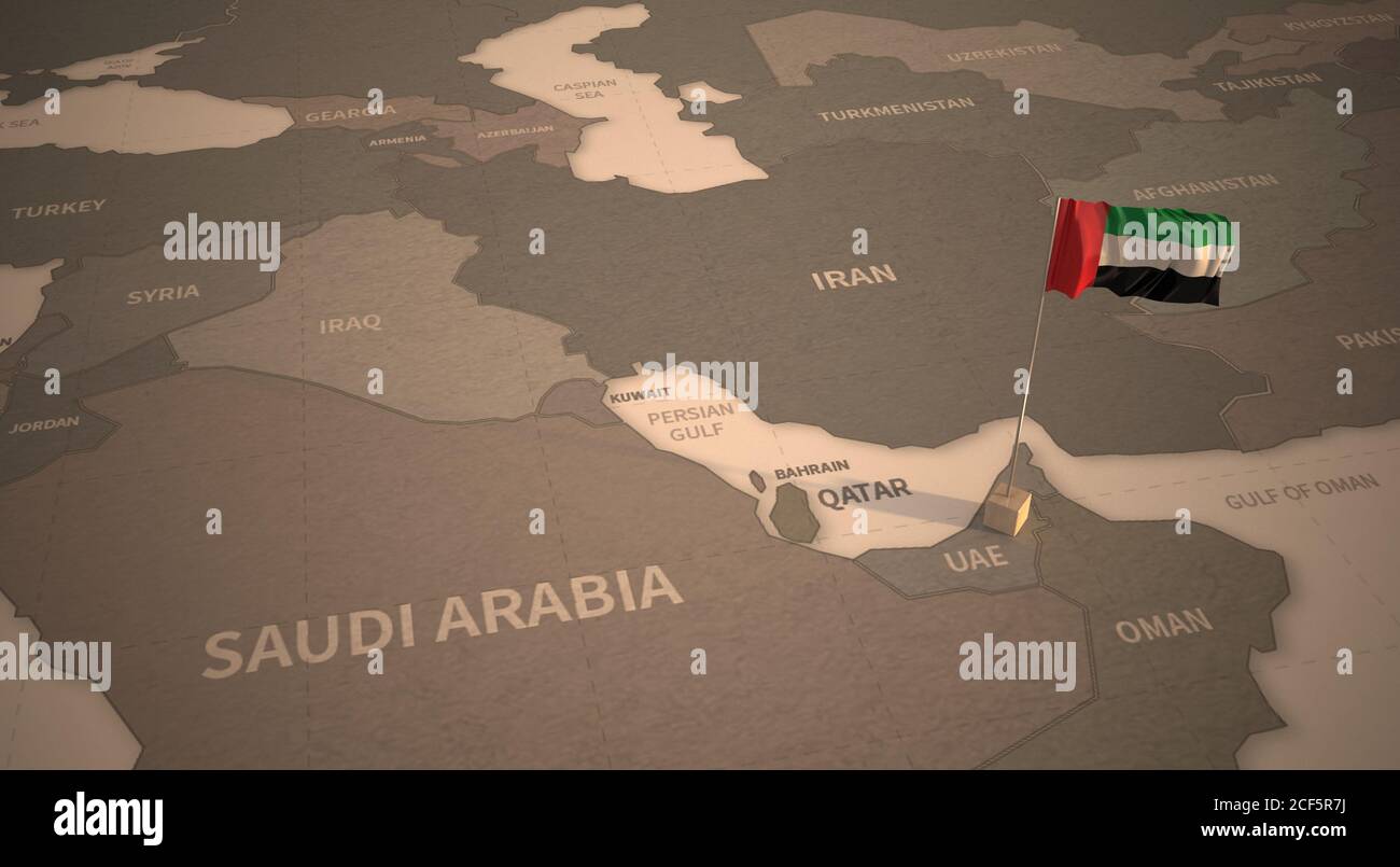 Flagge auf der Karte der VAE. Vintage Karte und Flagge der Länder des Nahen Ostens 3D-Rendering Stockfoto