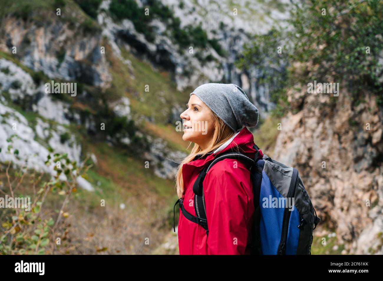 Seitenansicht einer aktiven Wandererin in roter Jacke mit schwerem Rucksack, die auf die Berge in den Gipfeln Europas, Asturiens, Spaniens blickt Stockfoto